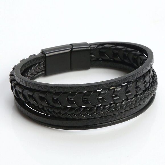 Leather Braided Men Bracelet Navy Blue - Picture 12 of 13